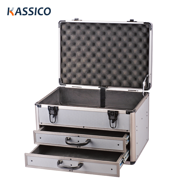 Caja de herramientas de metal con cajones y espuma