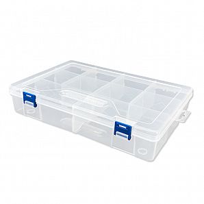 Organizador de almacenamiento de plástico para piezas pequeñas.